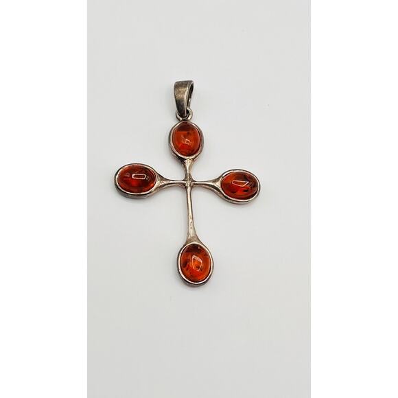 Vintage Sterling Silver Baltic Amber Religious Crucifix Cross Pendant Only - Picture 1 of 5
